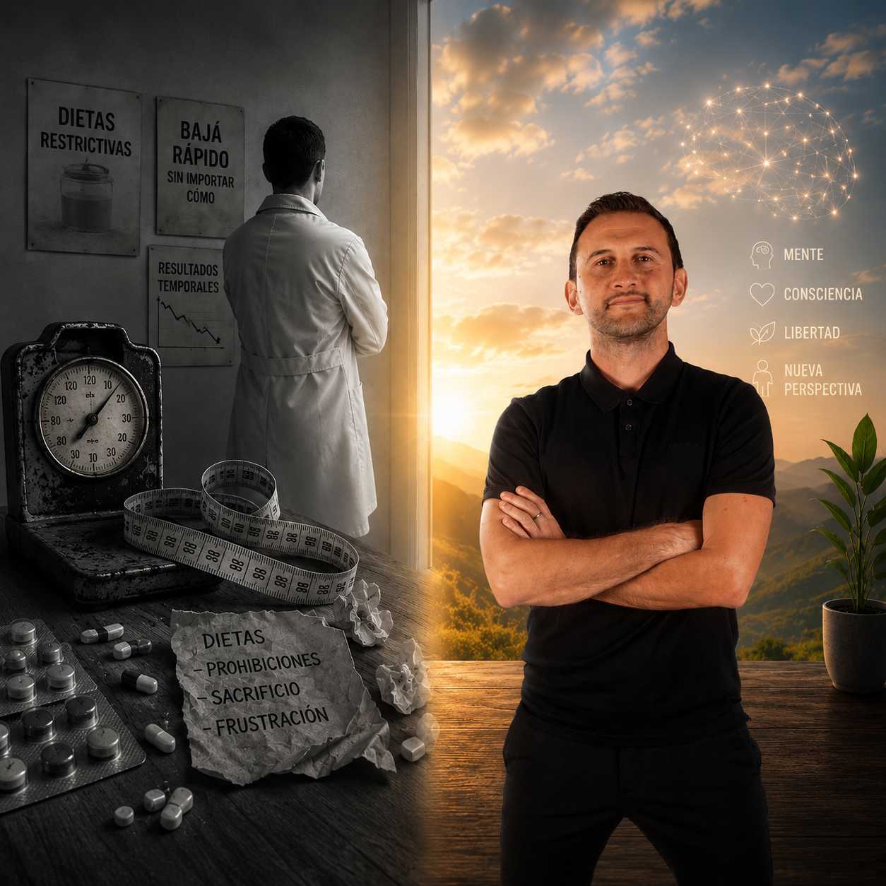 Contraste visual entre el viejo paradigma de dietas restrictivas y el nuevo enfoque de libertad y consciencia